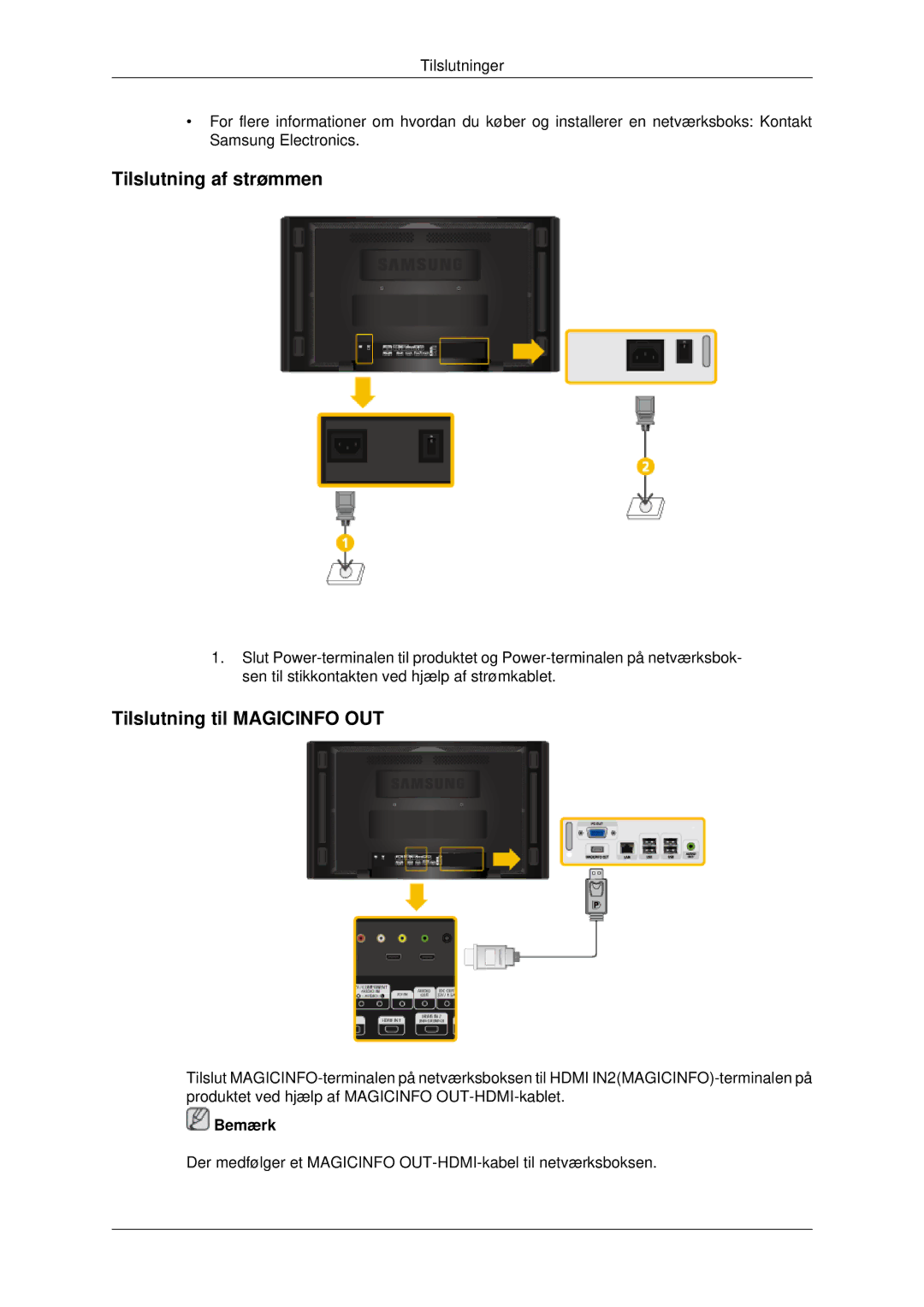 Samsung LH70CSBPLBC/EN manual Tilslutning af strømmen, Tilslutning til Magicinfo OUT 