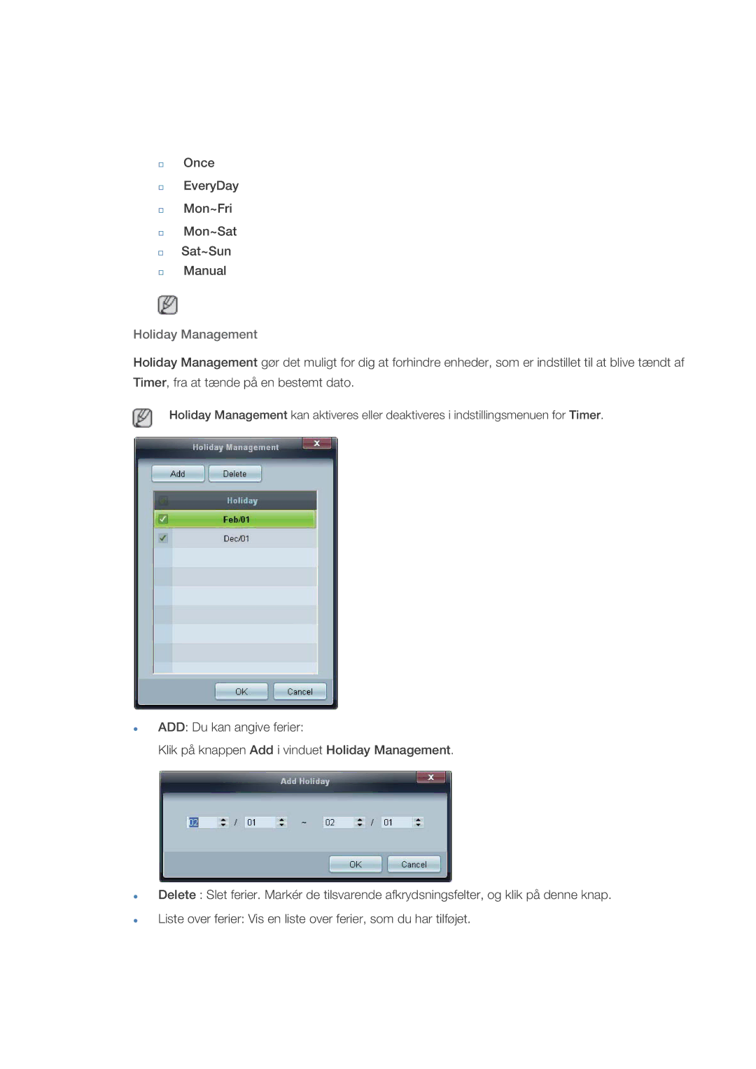 Samsung LH70CSBPLBC/EN manual Holiday Management 