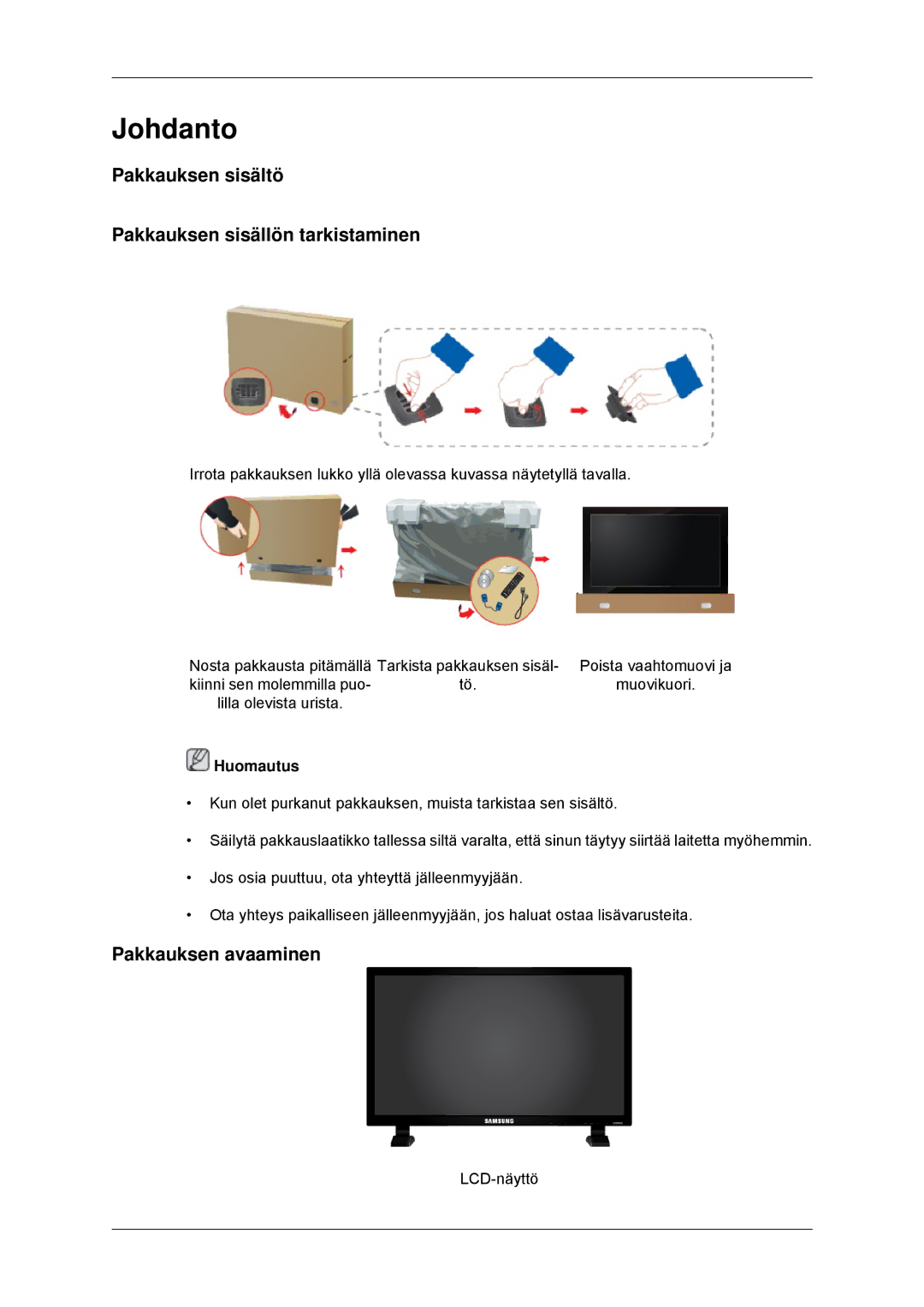 Samsung LH70CSBPLBC/EN manual Pakkauksen sisältö Pakkauksen sisällön tarkistaminen, Pakkauksen avaaminen 