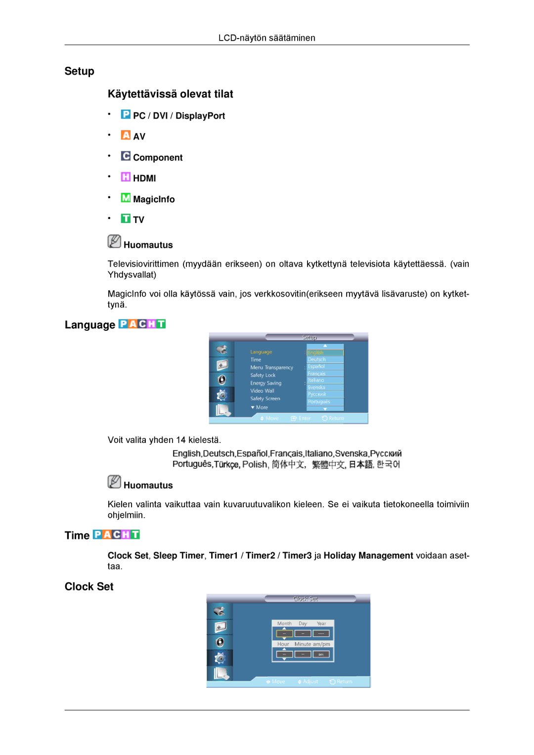 Samsung LH70CSBPLBC/EN manual Setup Käytettävissä olevat tilat, Language, Time, Clock Set 