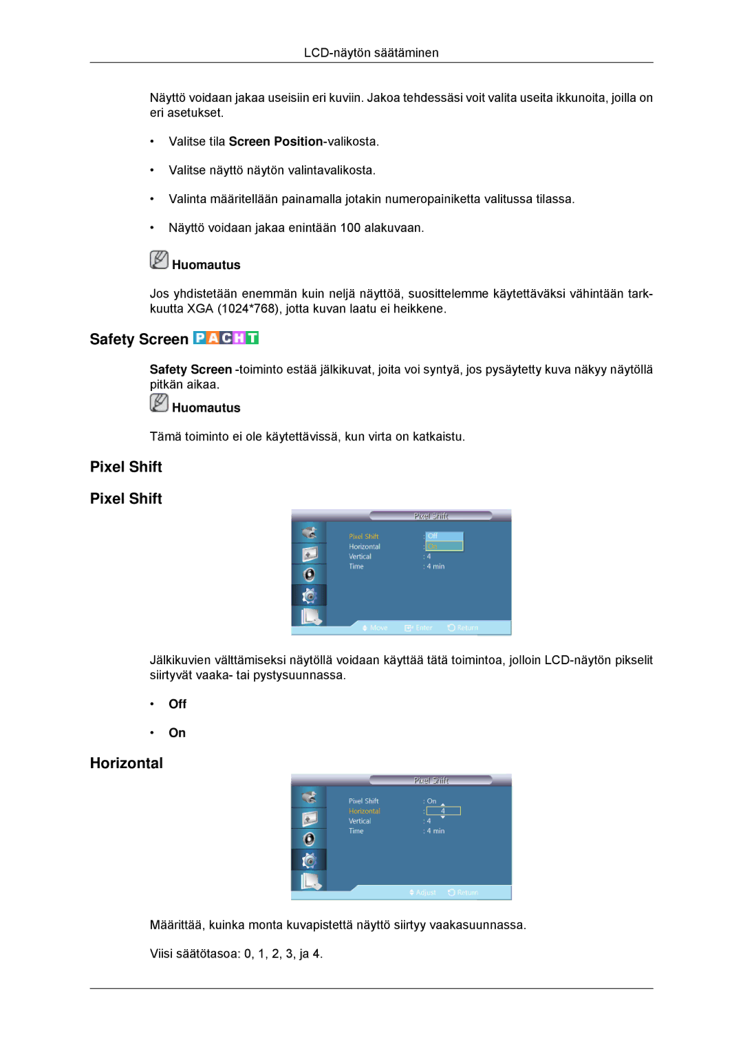 Samsung LH70CSBPLBC/EN manual Safety Screen, Pixel Shift 