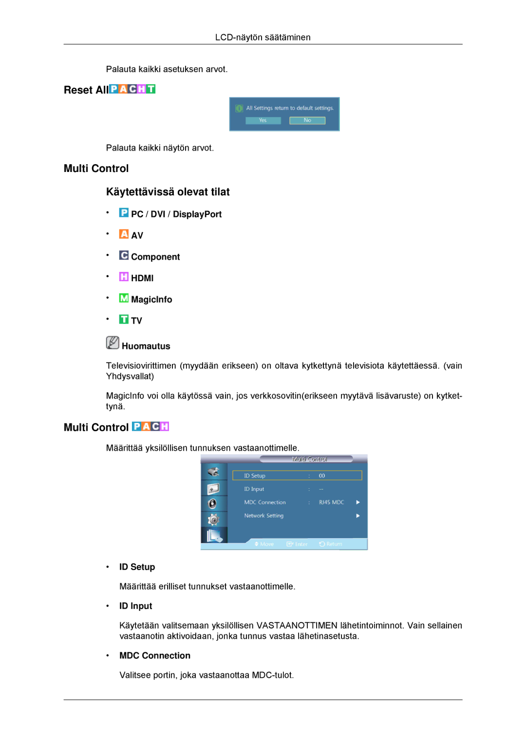 Samsung LH70CSBPLBC/EN manual Reset All, Multi Control Käytettävissä olevat tilat 