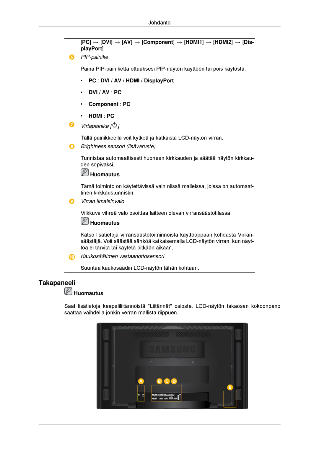 Samsung LH70CSBPLBC/EN manual Takapaneeli, PC DVI / AV / Hdmi / DisplayPort DVI / AV PC Component PC 