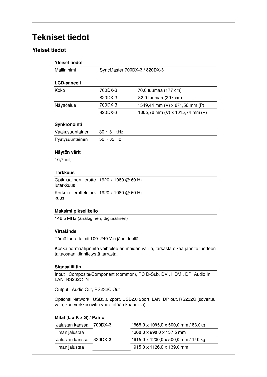 Samsung LH70CSBPLBC/EN manual Yleiset tiedot 