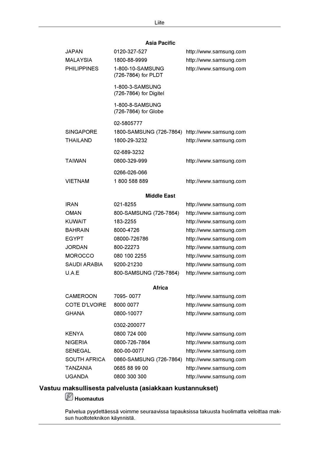 Samsung LH70CSBPLBC/EN manual Vastuu maksullisesta palvelusta asiakkaan kustannukset, Middle East, Africa 