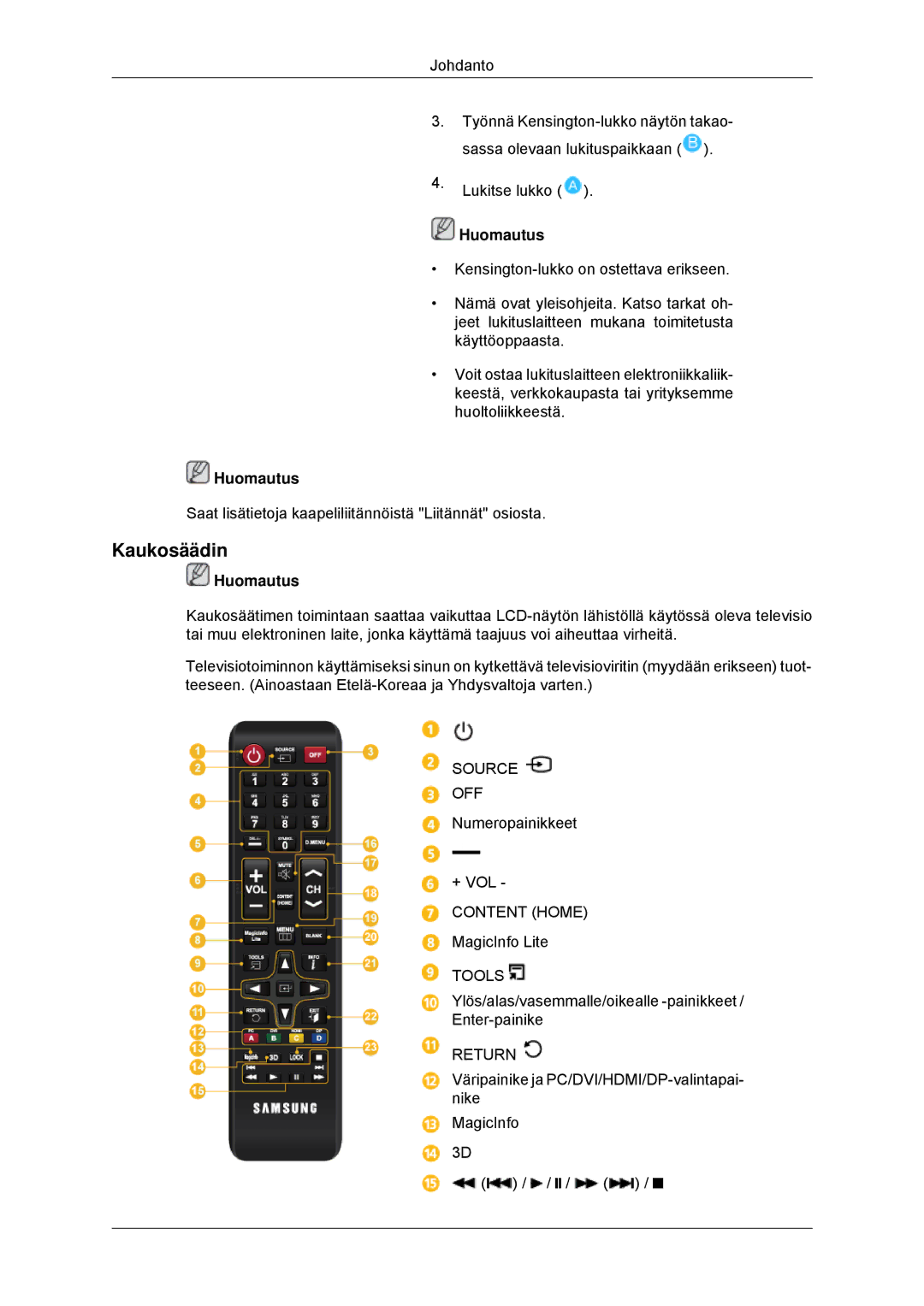 Samsung LH70CSBPLBC/EN manual Kaukosäädin 