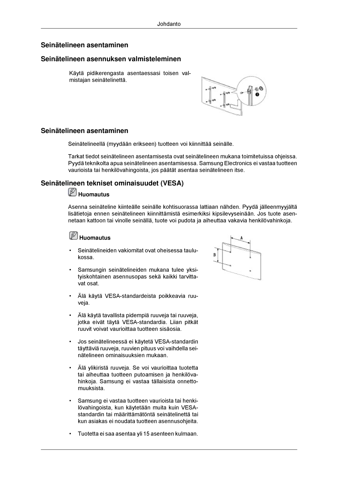 Samsung LH70CSBPLBC/EN manual Seinätelineen asentaminen, Seinätelineen tekniset ominaisuudet Vesa 