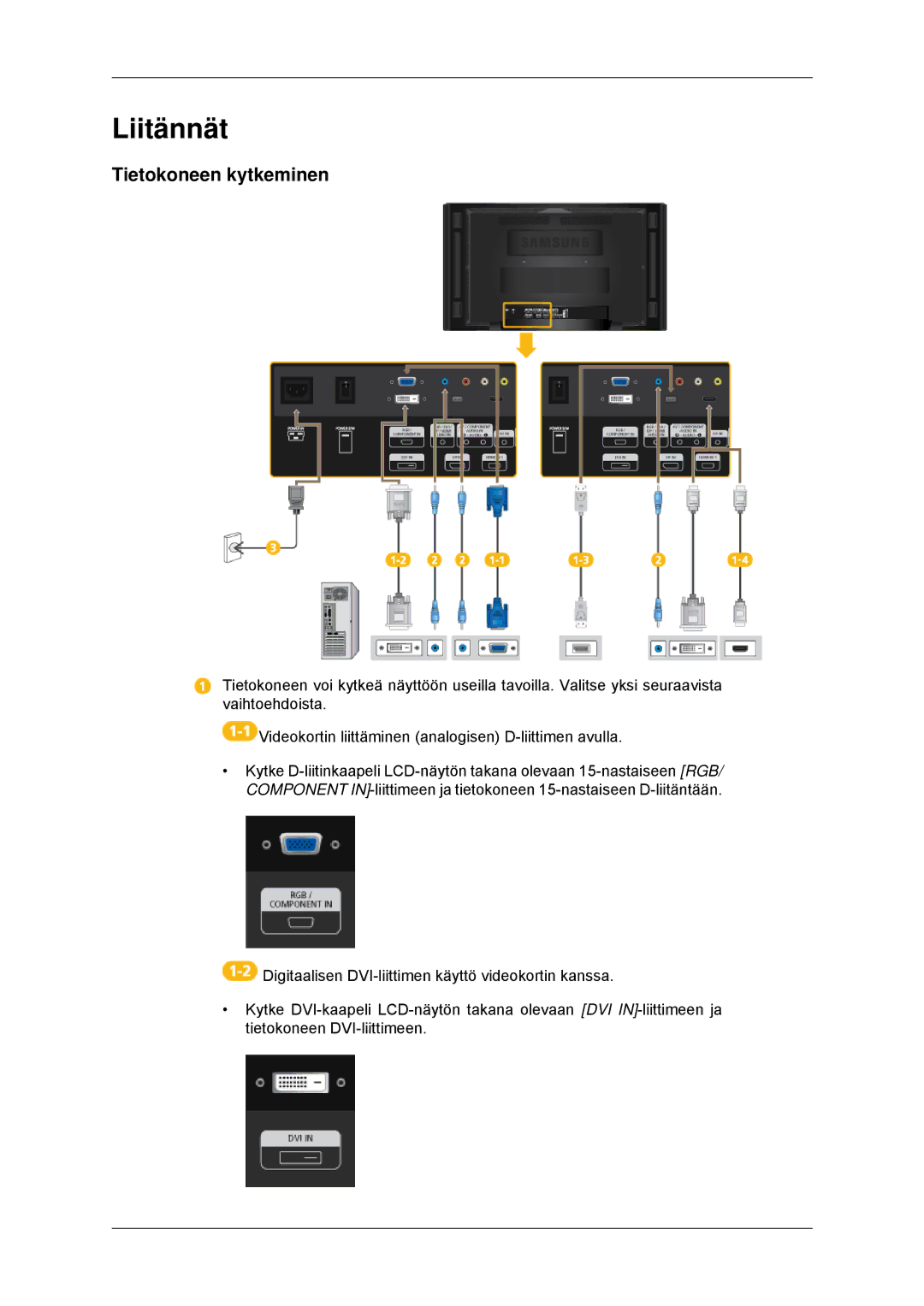 Samsung LH70CSBPLBC/EN manual Liitännät, Tietokoneen kytkeminen 