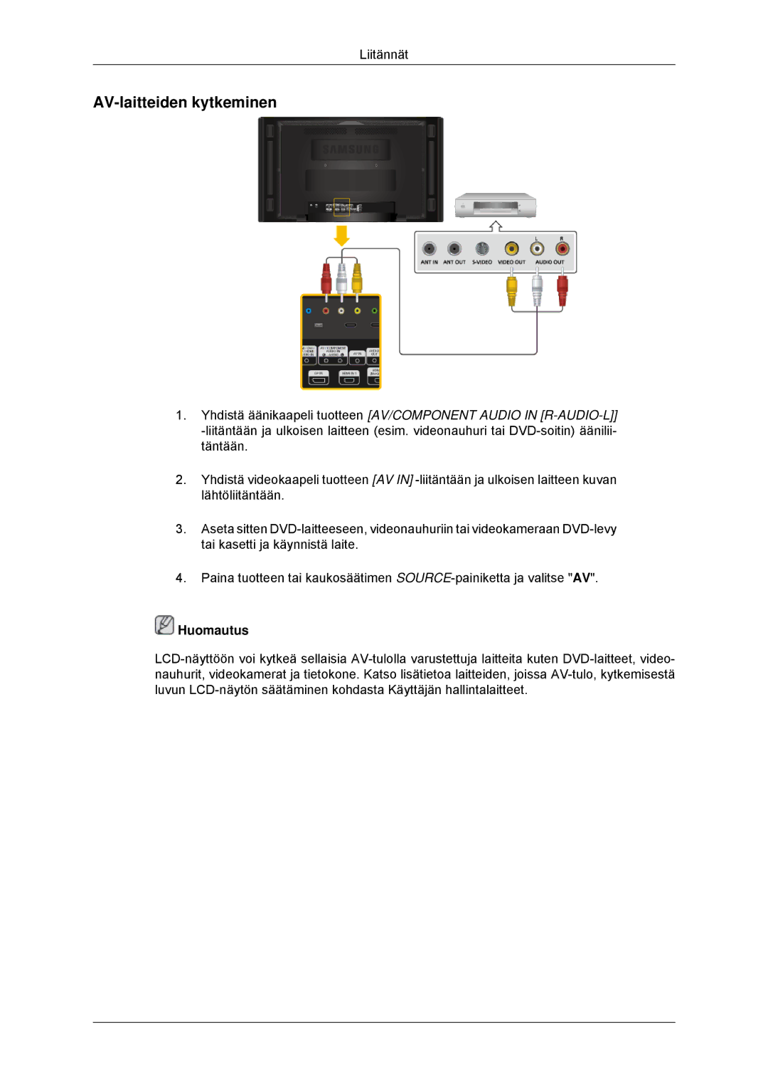 Samsung LH70CSBPLBC/EN manual AV-laitteiden kytkeminen 