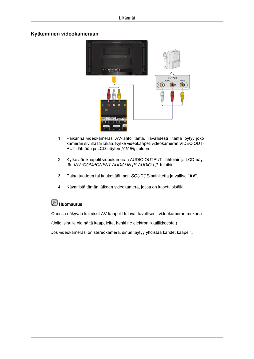 Samsung LH70CSBPLBC/EN manual Kytkeminen videokameraan 