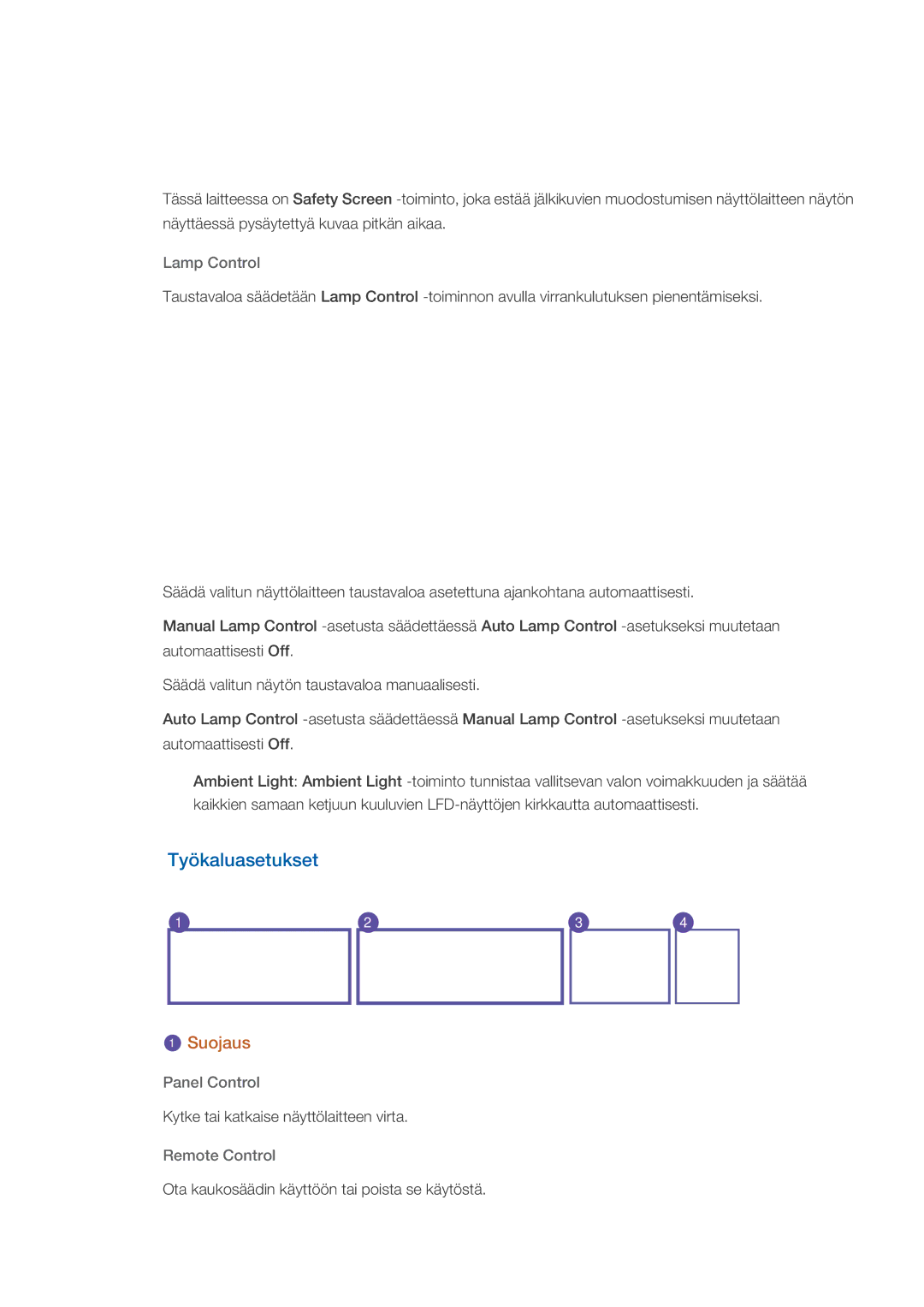 Samsung LH70CSBPLBC/EN manual Työkaluasetukset, Lamp Control, Panel Control, Remote Control 