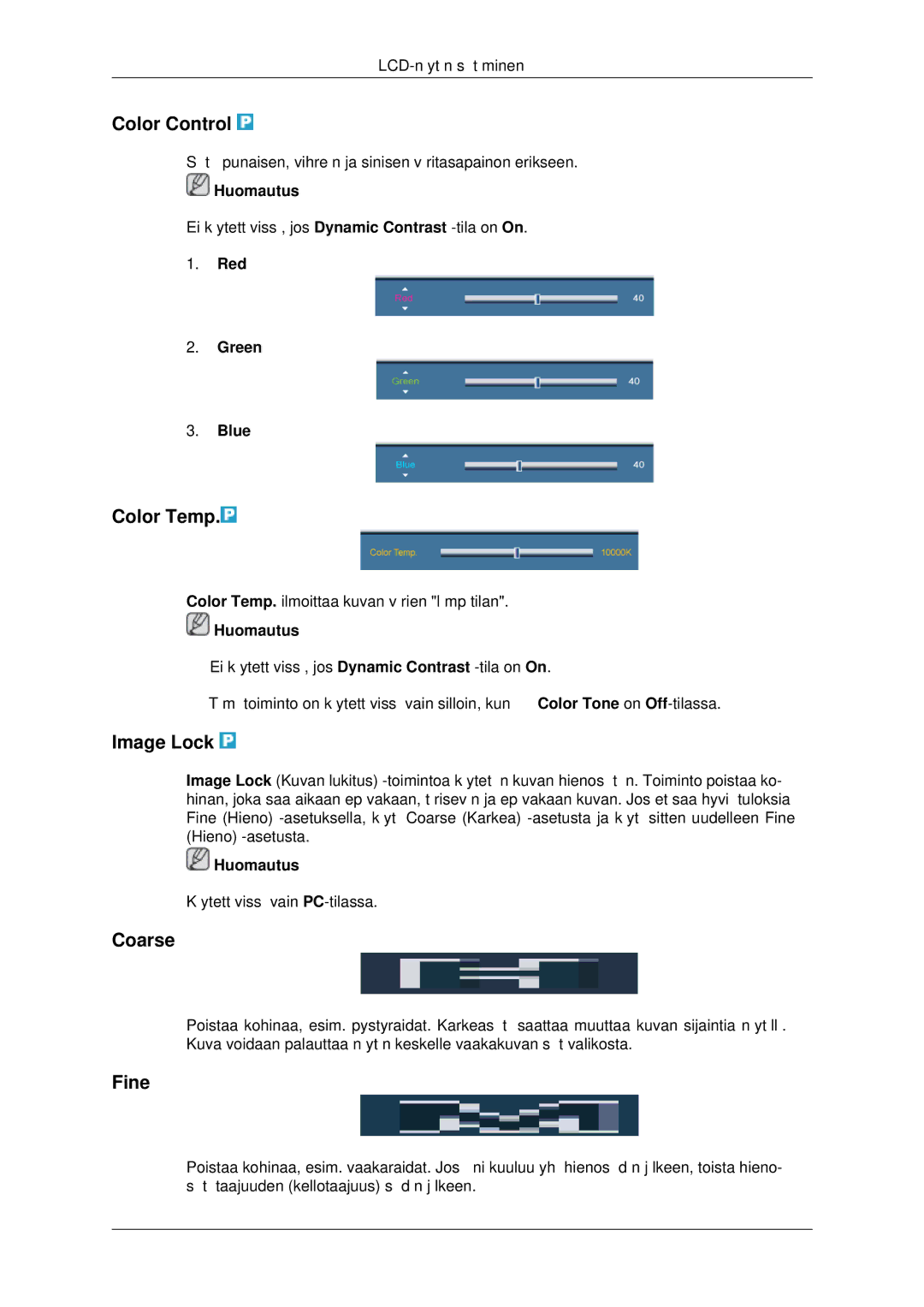 Samsung LH70CSBPLBC/EN manual Color Control, Color Temp, Image Lock, Coarse, Fine 
