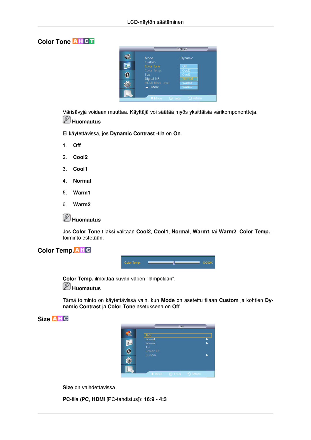 Samsung LH70CSBPLBC/EN manual Size on vaihdettavissa PC-tila PC, Hdmi PC-tahdistus 169 