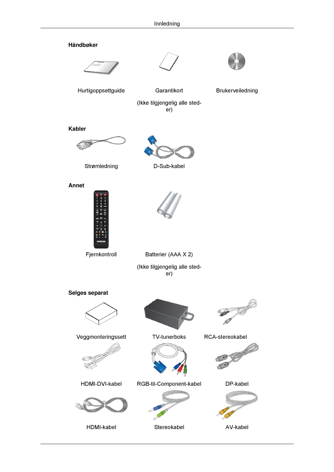 Samsung LH70CSBPLBC/EN manual Håndbøker, Kabler, Annet, Selges separat 