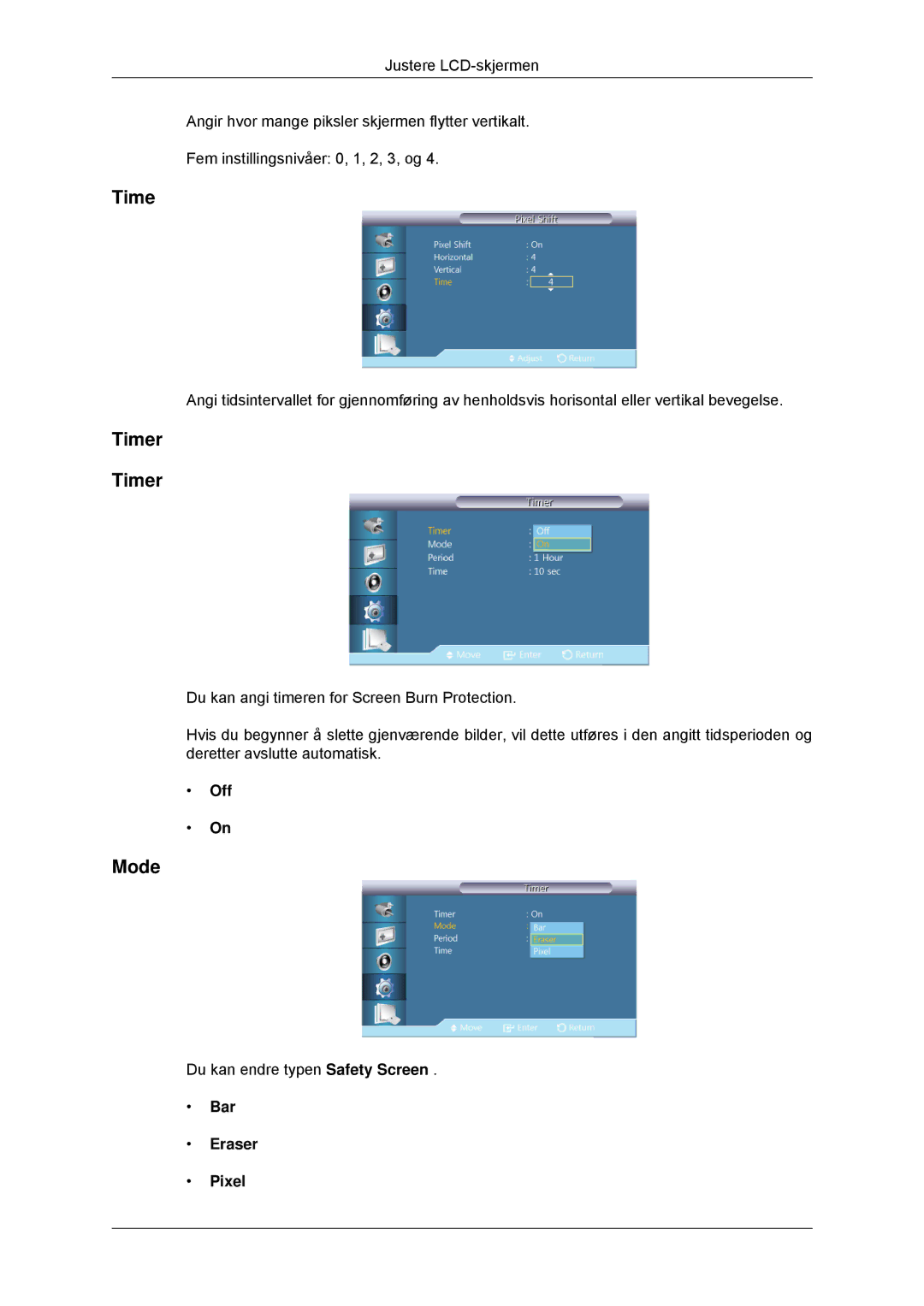 Samsung LH70CSBPLBC/EN manual Timer, Bar Eraser Pixel 