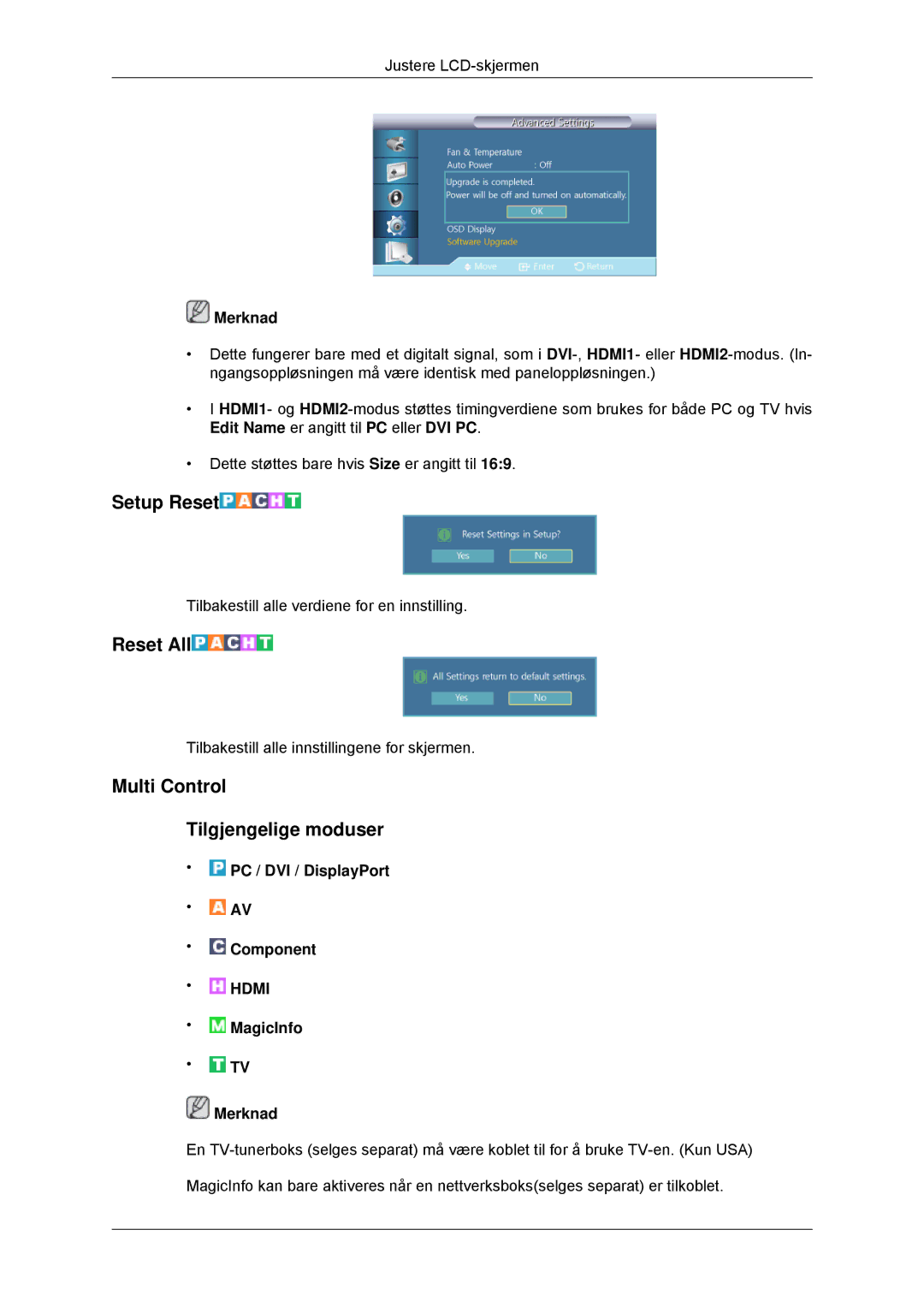Samsung LH70CSBPLBC/EN manual Setup Reset, Reset All, Multi Control Tilgjengelige moduser 