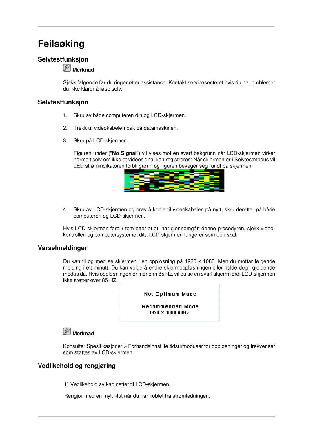 Samsung LH70CSBPLBC/EN manual Selvtestfunksjon, Varselmeldinger, Vedlikehold og rengjøring 