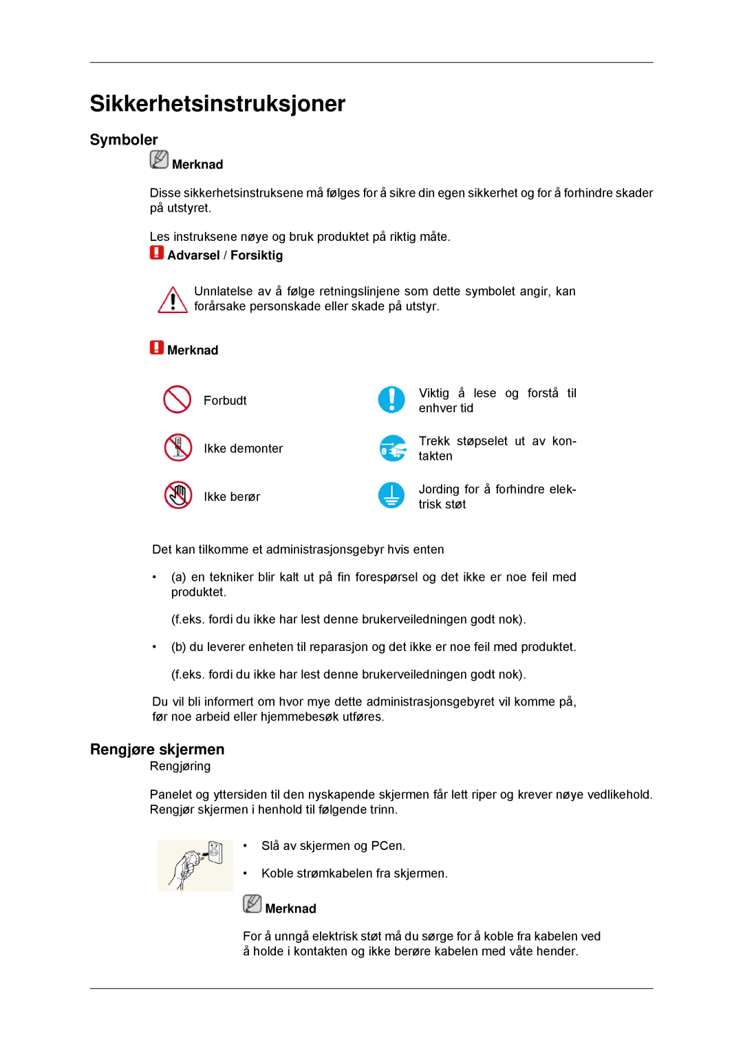 Samsung LH70CSBPLBC/EN manual Symboler, Rengjøre skjermen, Merknad 