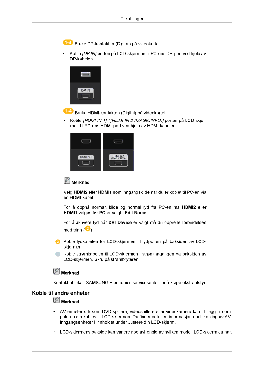 Samsung LH70CSBPLBC/EN manual Koble til andre enheter, Merknad 