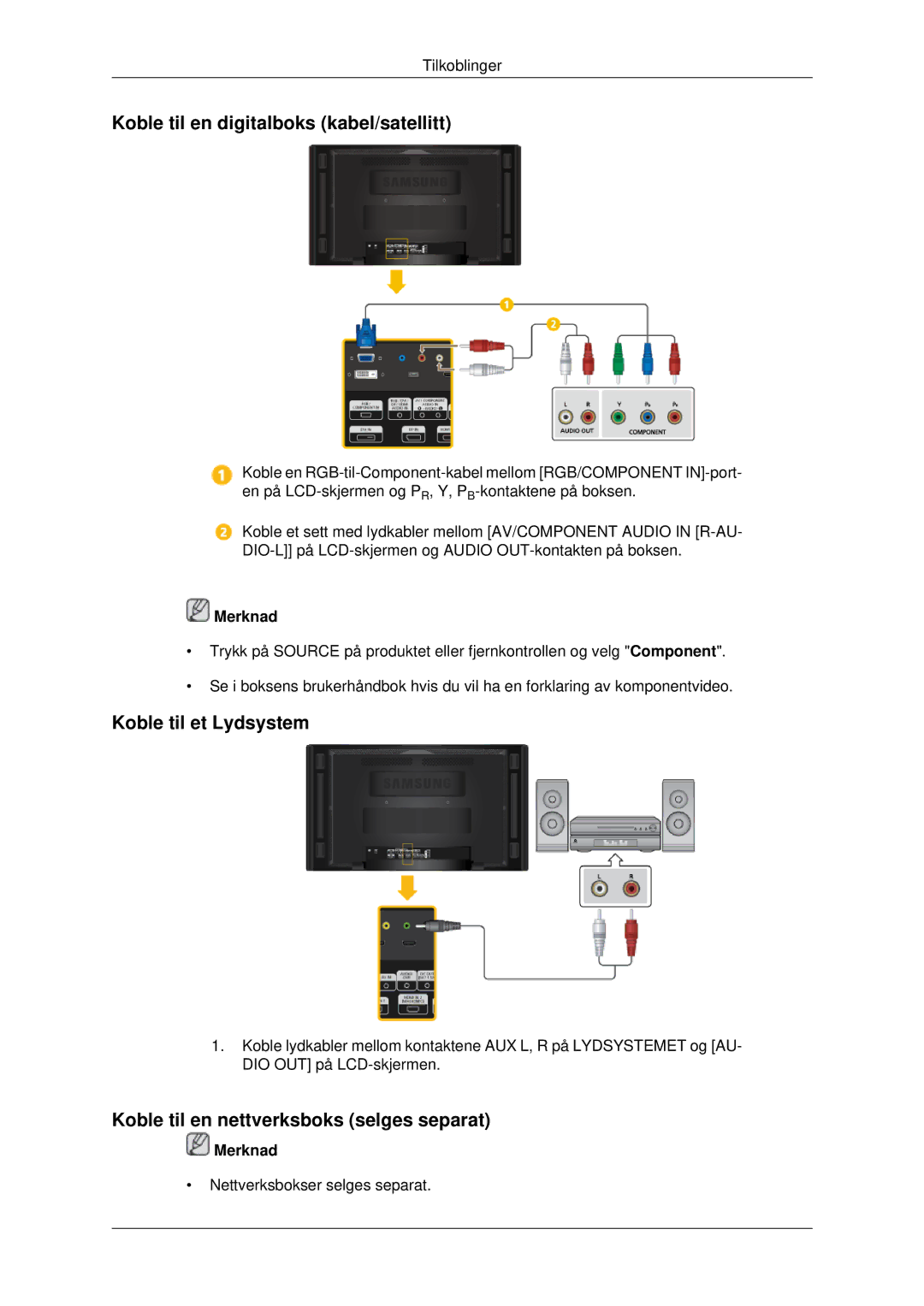 Samsung LH70CSBPLBC/EN manual Koble til en digitalboks kabel/satellitt, Koble til et Lydsystem 