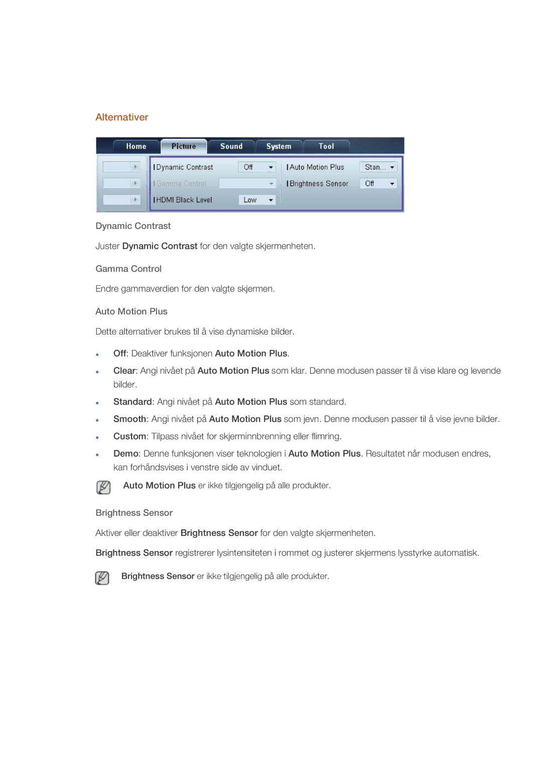 Samsung LH70CSBPLBC/EN manual Alternativer, Dynamic Contrast, Gamma Control, Auto Motion Plus, Brightness Sensor 