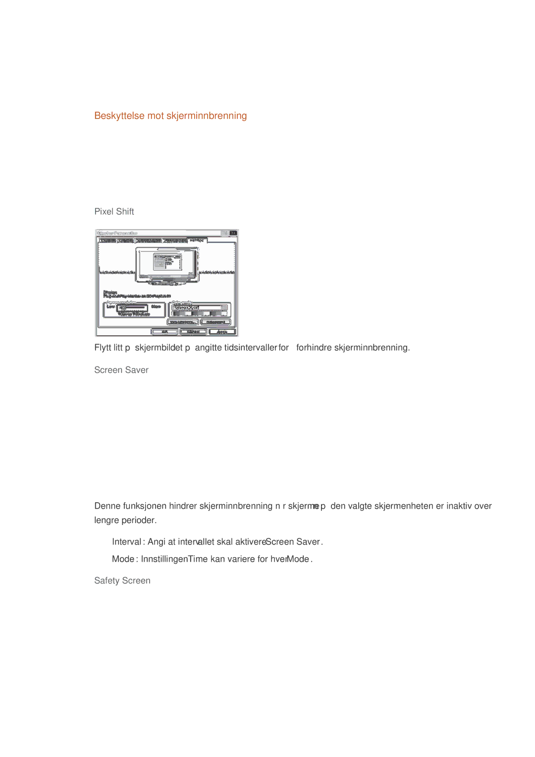 Samsung LH70CSBPLBC/EN manual Beskyttelse mot skjerminnbrenning, Pixel Shift, Screen Saver, Safety Screen 