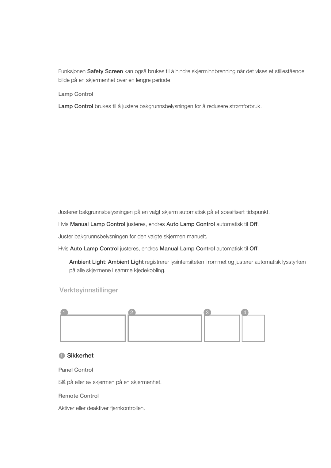 Samsung LH70CSBPLBC/EN manual Verktøyinnstillinger, Lamp Control, Panel Control, Remote Control 