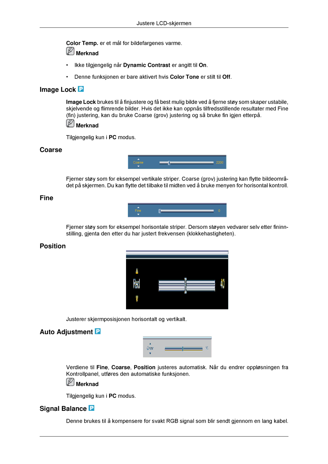 Samsung LH70CSBPLBC/EN manual Image Lock, Coarse, Fine, Auto Adjustment, Signal Balance 