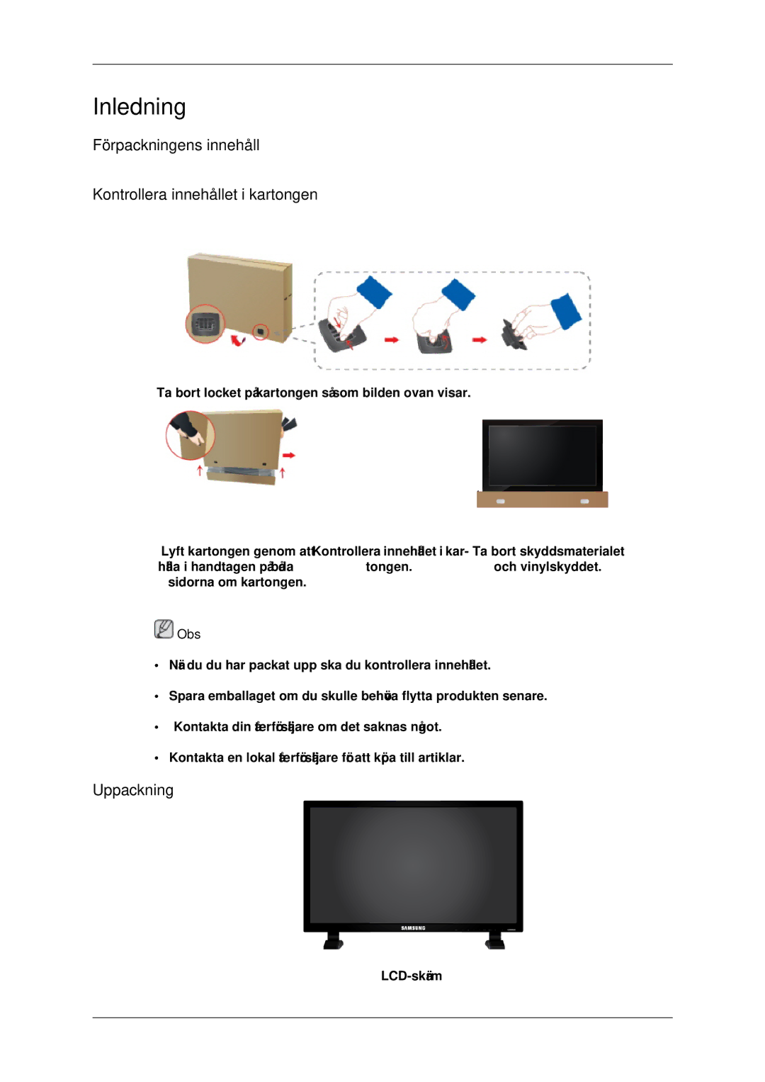 Samsung LH70CSBPLBC/EN manual Förpackningens innehåll Kontrollera innehållet i kartongen, Uppackning 