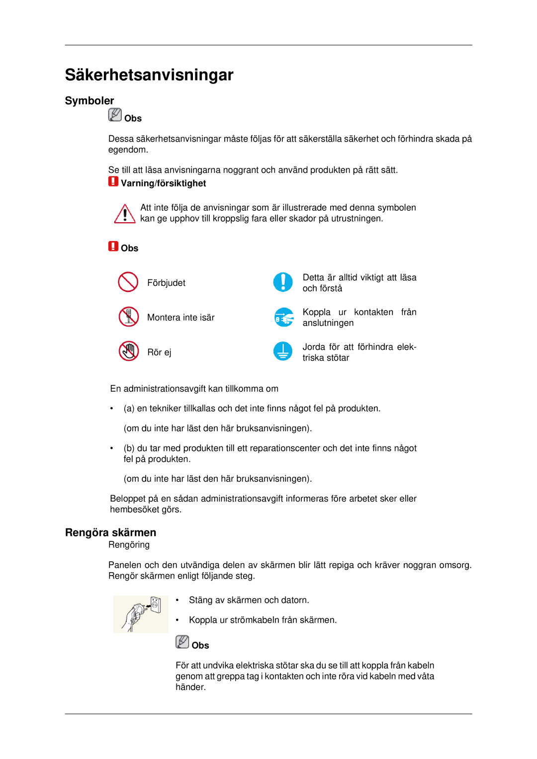 Samsung LH70CSBPLBC/EN manual Symboler, Rengöra skärmen, Obs, Varning/försiktighet 