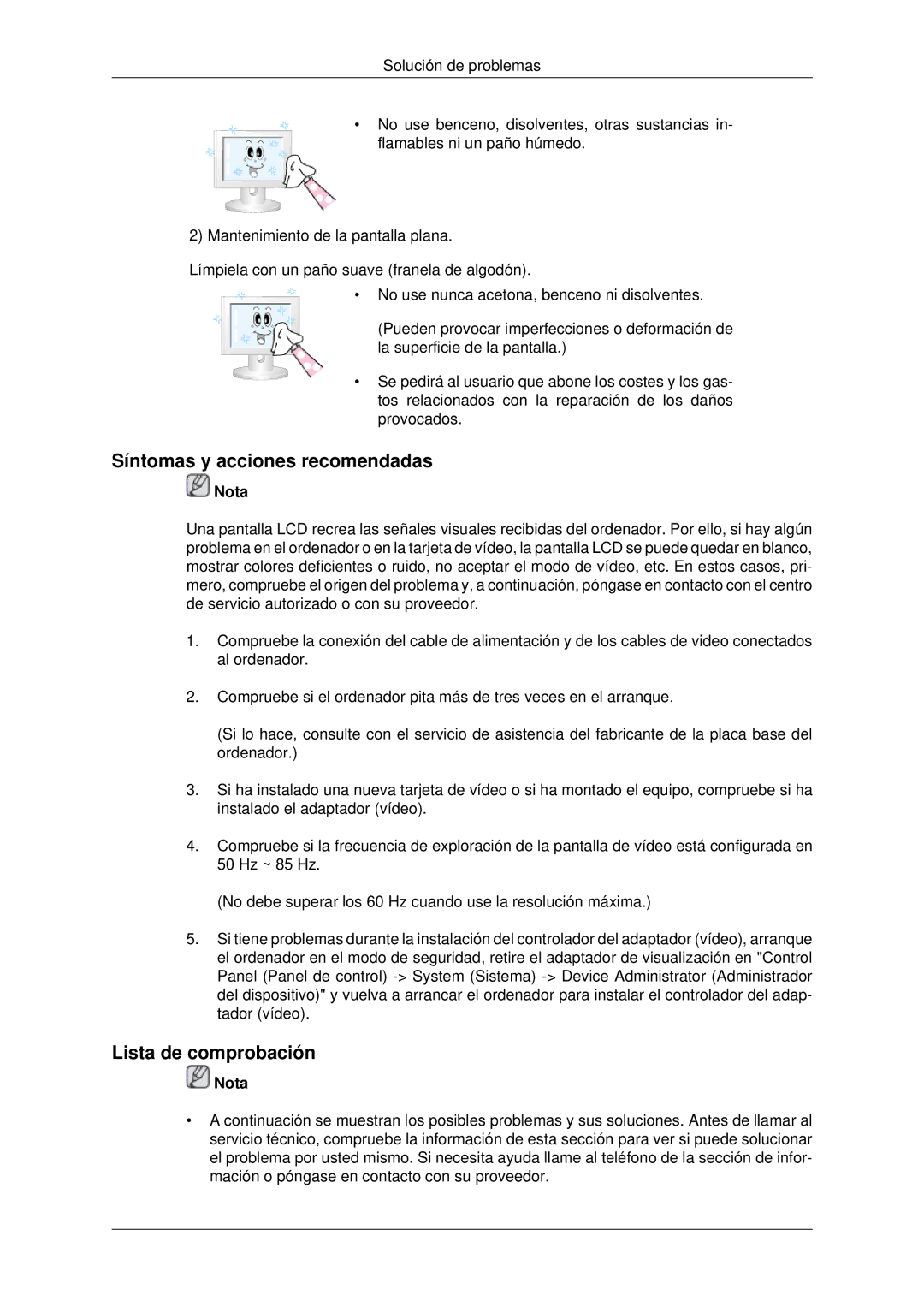 Samsung LFD-WVB1/S7011, LH70OUTQBC/EN manual Síntomas y acciones recomendadas, Lista de comprobación 