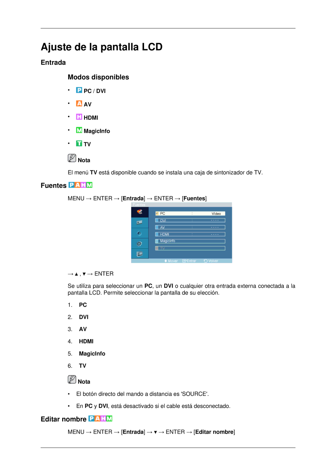 Samsung LH70OUTQBC/EN manual Entrada Modos disponibles, Fuentes, Editar nombre 