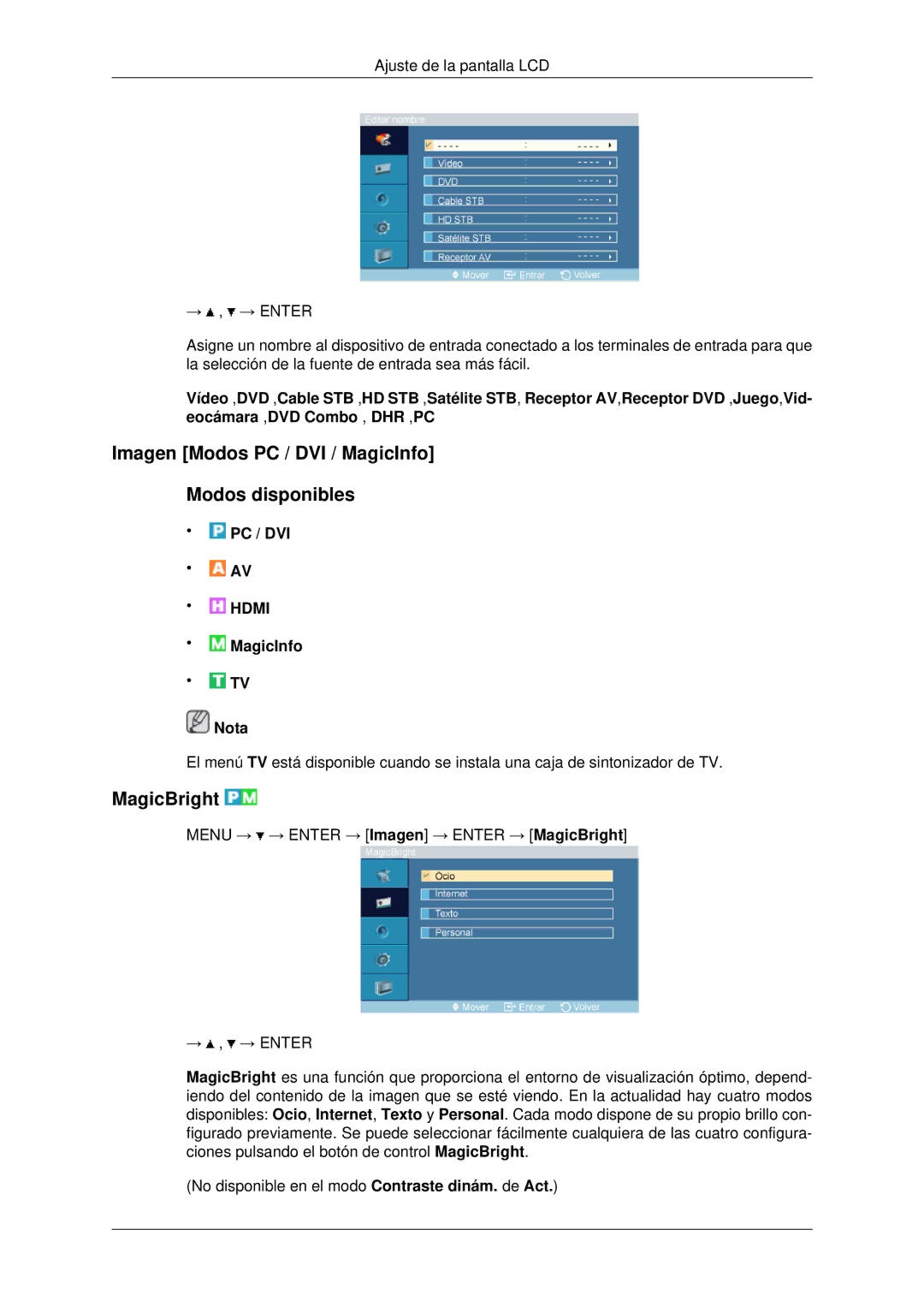 Samsung LH70OUTQBC/EN manual Imagen Modos PC / DVI / MagicInfo Modos disponibles, MagicBright 