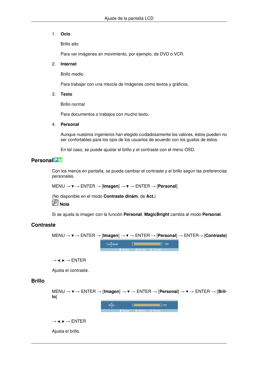 Samsung LH70OUTQBC/EN manual Personal, Contraste, Brillo 