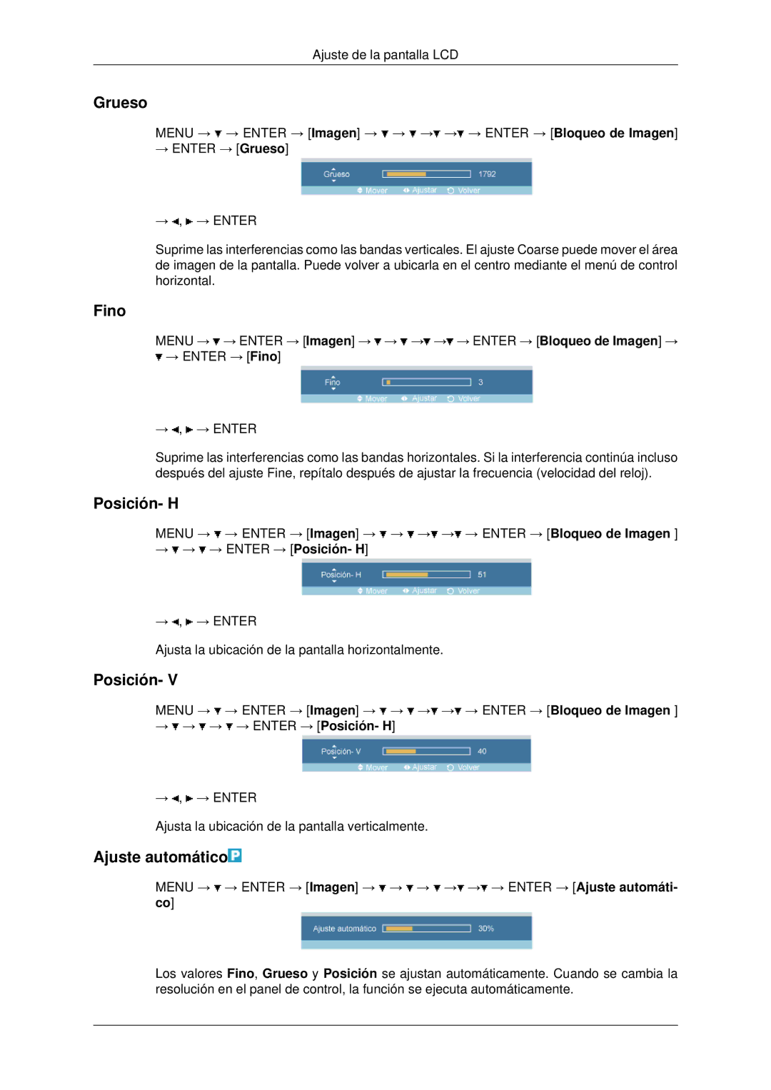 Samsung LH70OUTQBC/EN manual Grueso, Fino, Posición- H, Ajuste automático 