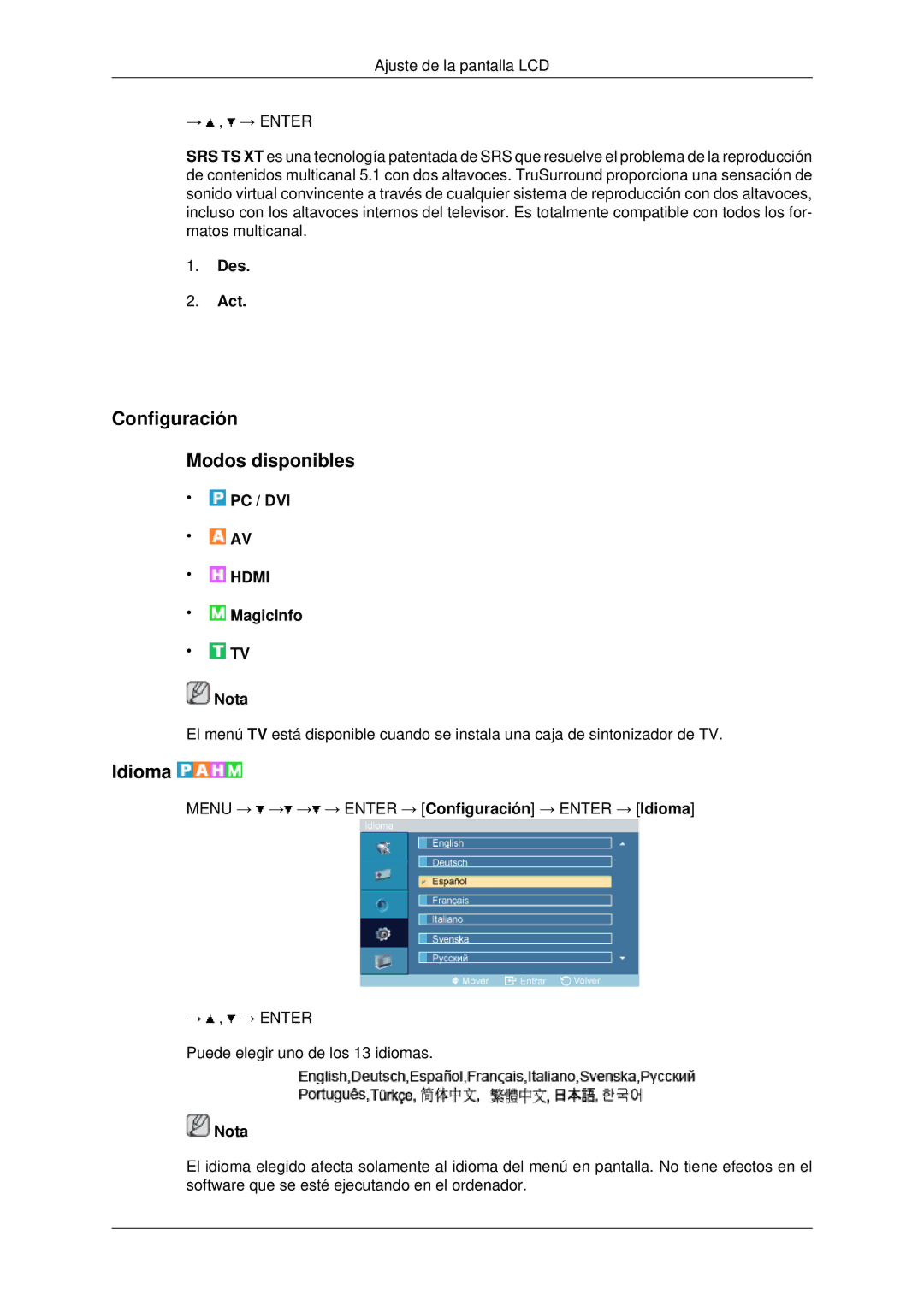 Samsung LH70OUTQBC/EN manual Configuración Modos disponibles, Idioma 