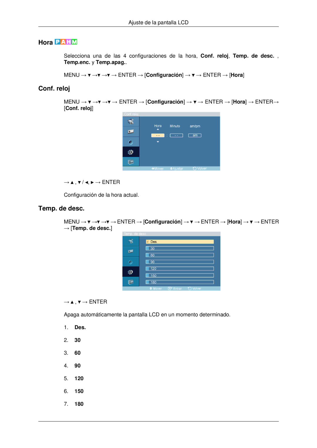 Samsung LH70OUTQBC/EN manual Hora, Conf. reloj, → Temp. de desc 