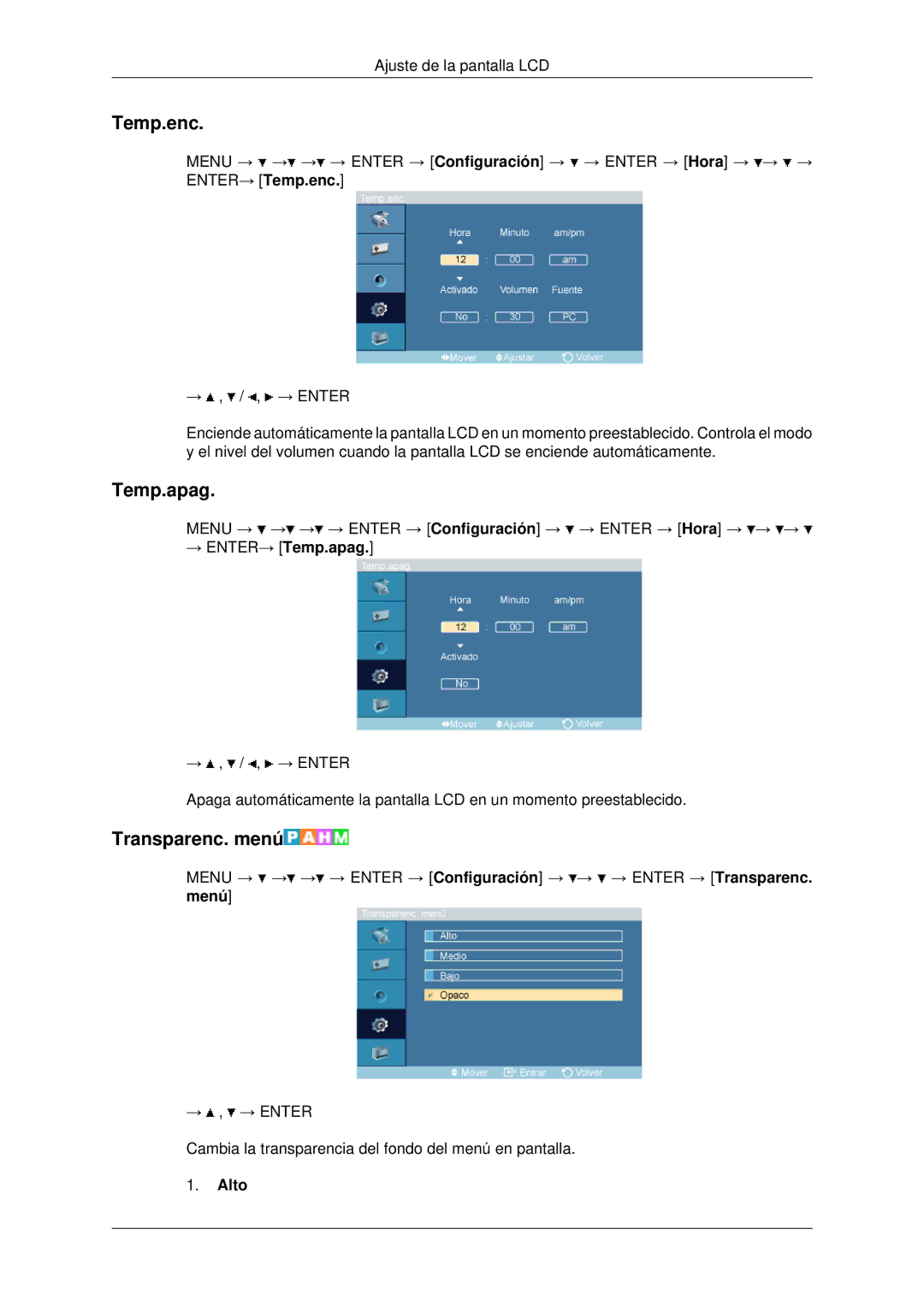 Samsung LH70OUTQBC/EN manual Temp.enc, Transparenc. menú, → ENTER→ Temp.apag, Alto 