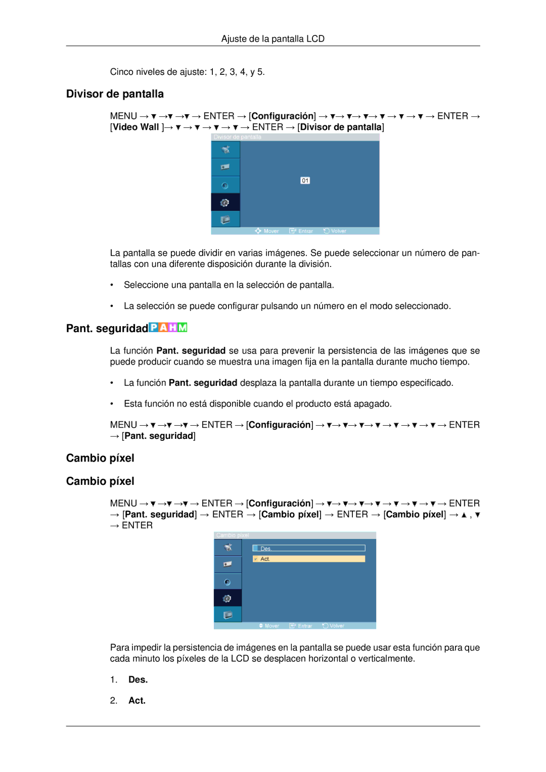 Samsung LH70OUTQBC/EN manual Divisor de pantalla, Cambio píxel, → Pant. seguridad 