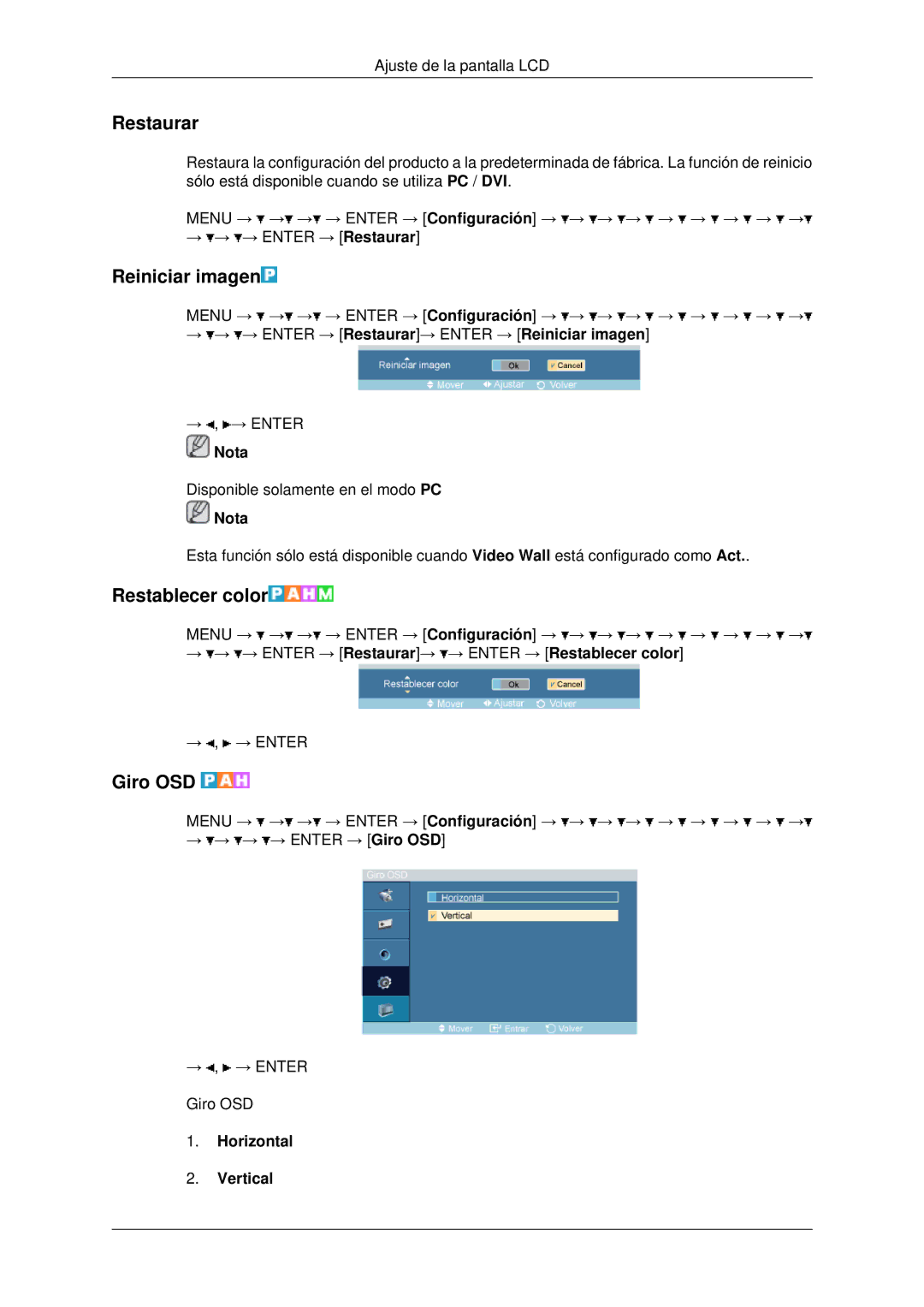 Samsung LH70OUTQBC/EN manual Restaurar, Reiniciar imagen, Restablecer color, Giro OSD, Horizontal Vertical 