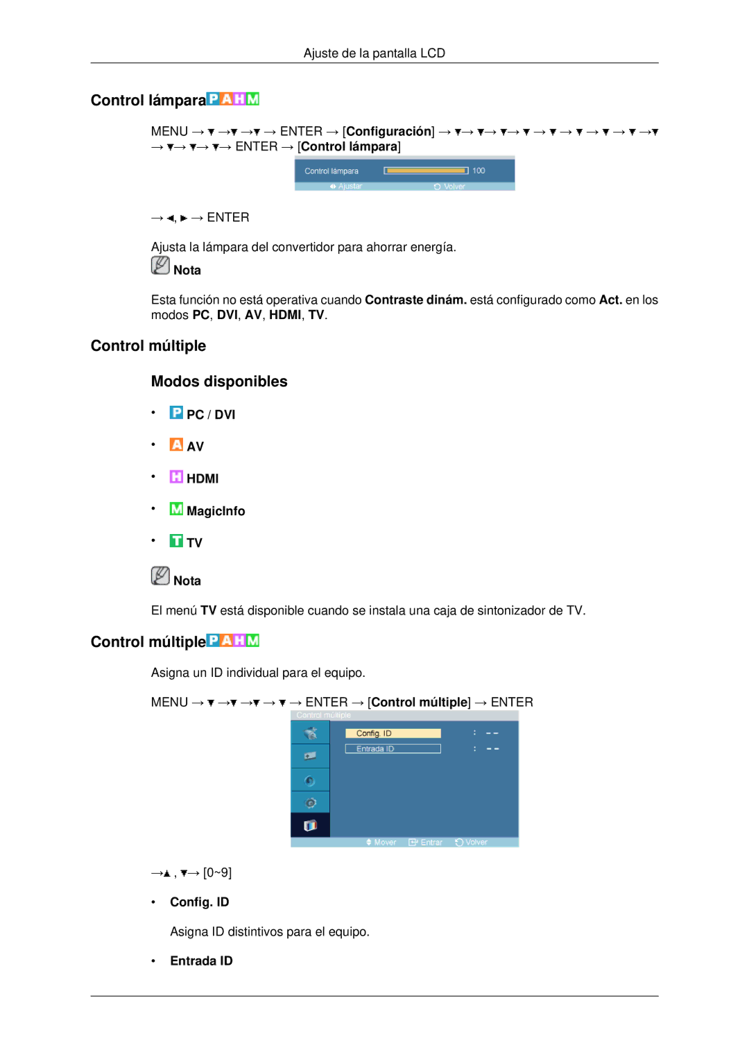 Samsung LH70OUTQBC/EN manual Control lámpara, Control múltiple Modos disponibles, Config. ID, Entrada ID 