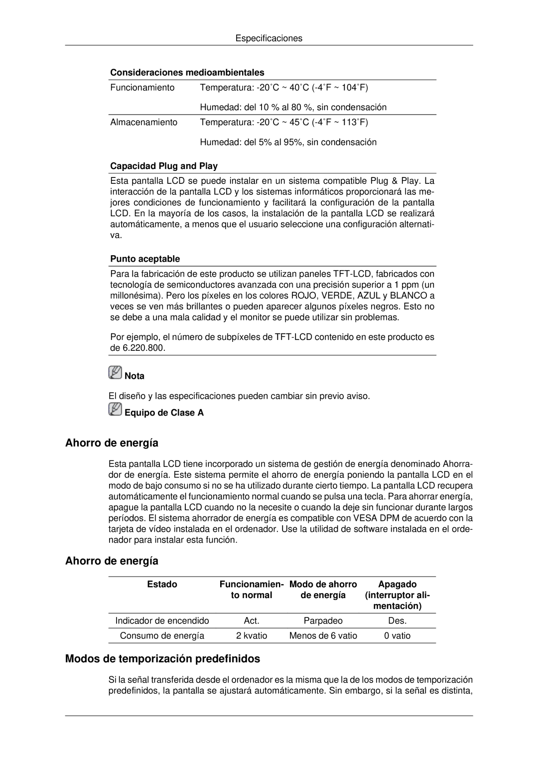 Samsung LH70OUTQBC/EN manual Ahorro de energía, Modos de temporización predefinidos 