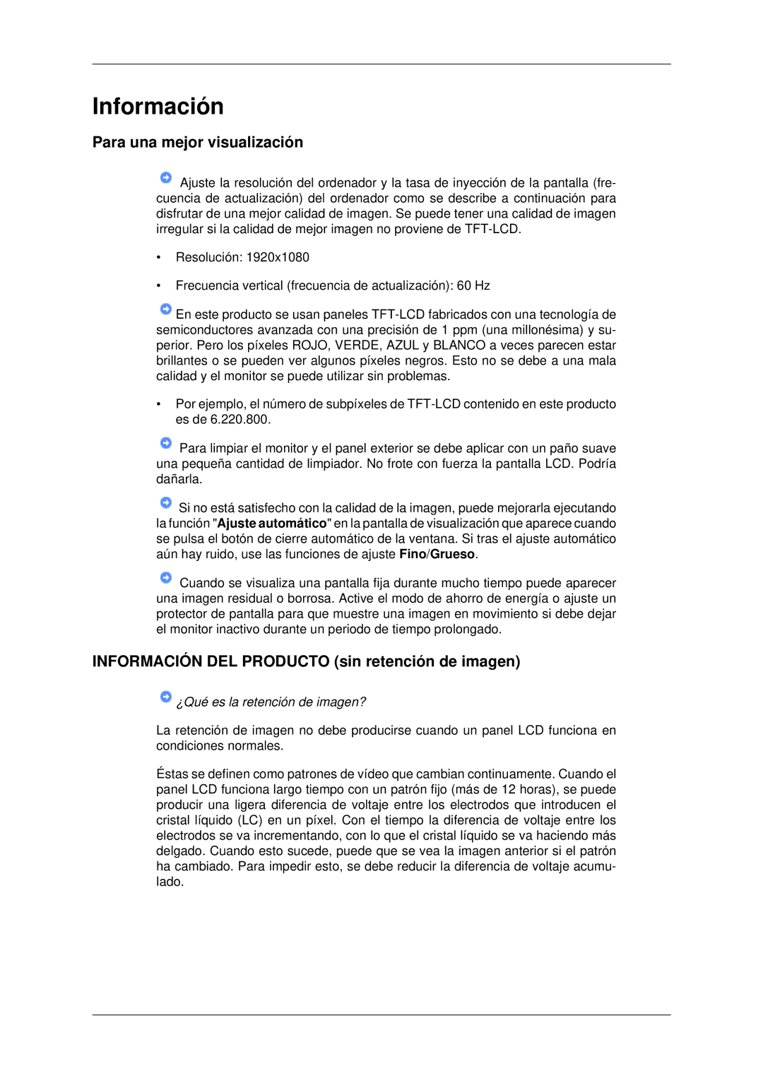 Samsung LH70OUTQBC/EN manual Para una mejor visualización, Información DEL Producto sin retención de imagen 