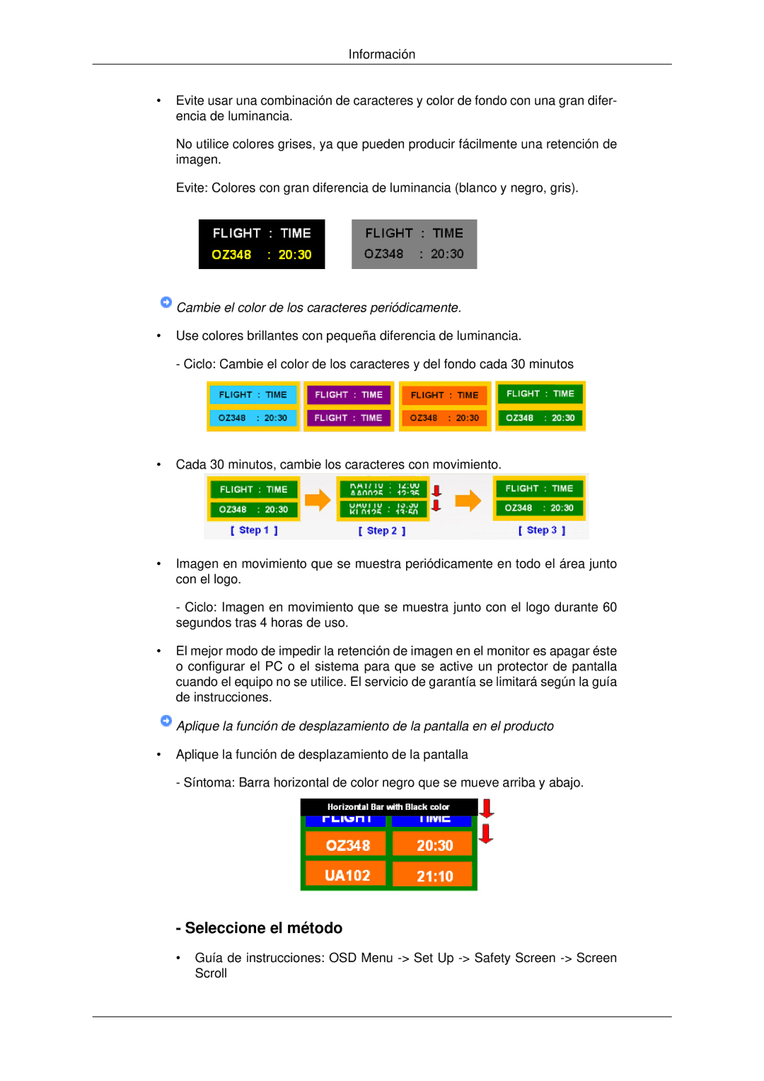 Samsung LH70OUTQBC/EN manual Seleccione el método, Cambie el color de los caracteres periódicamente 