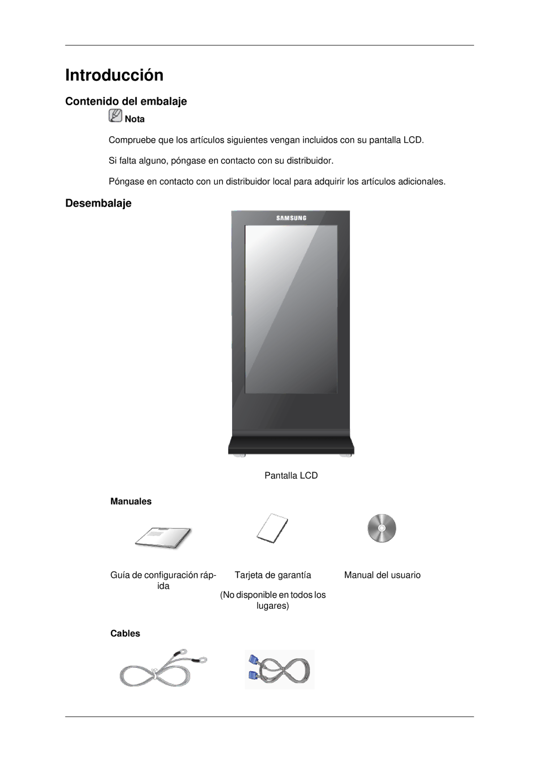 Samsung LH70OUTQBC/EN manual Contenido del embalaje, Desembalaje, Manuales, Cables 