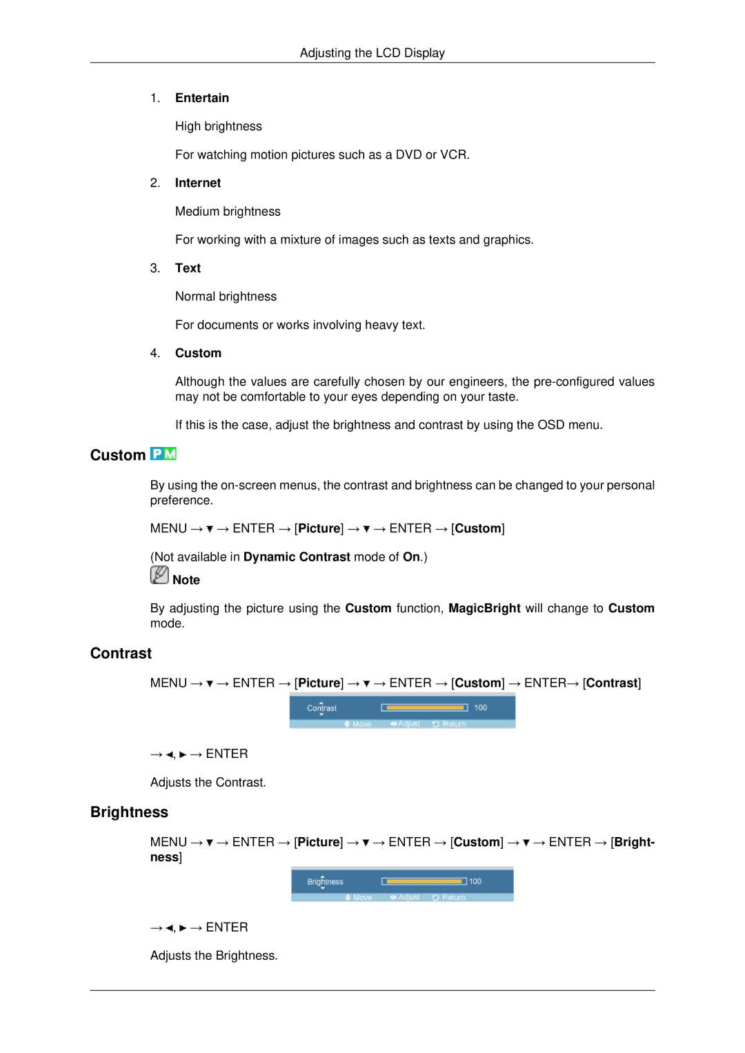 Samsung LH70OUTQBC/EN manual Custom, Contrast, Brightness 