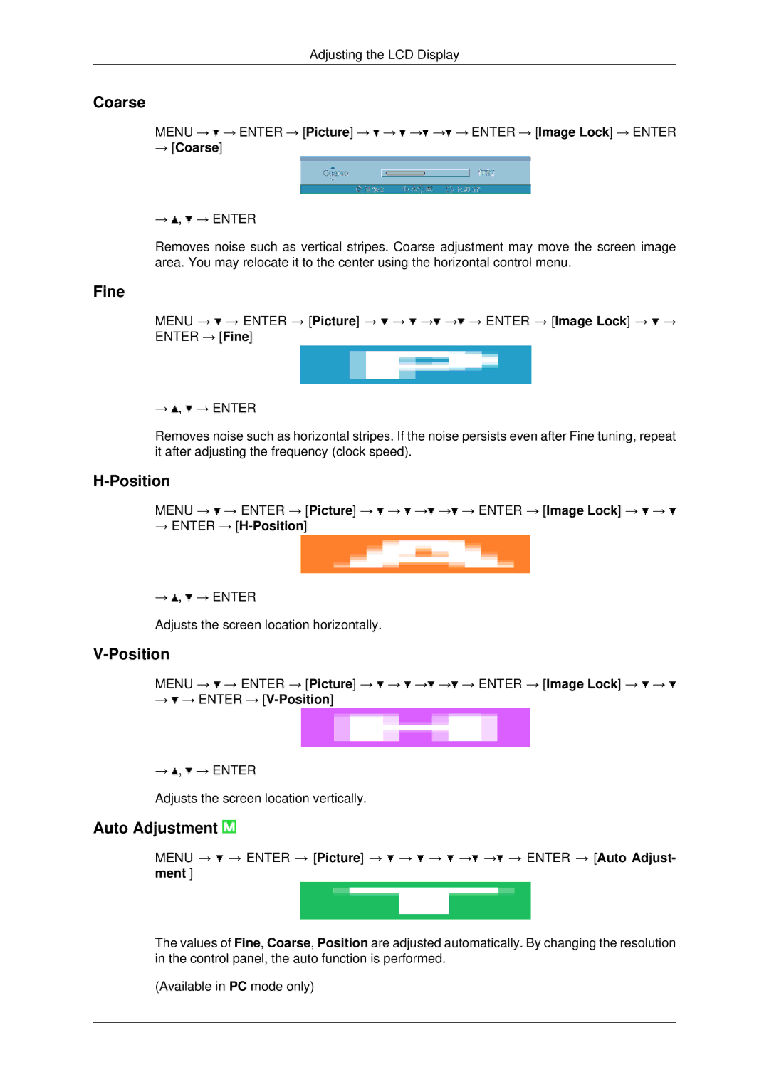 Samsung LH70OUTQBC/EN manual Fine, Position, Auto Adjustment, → Coarse 