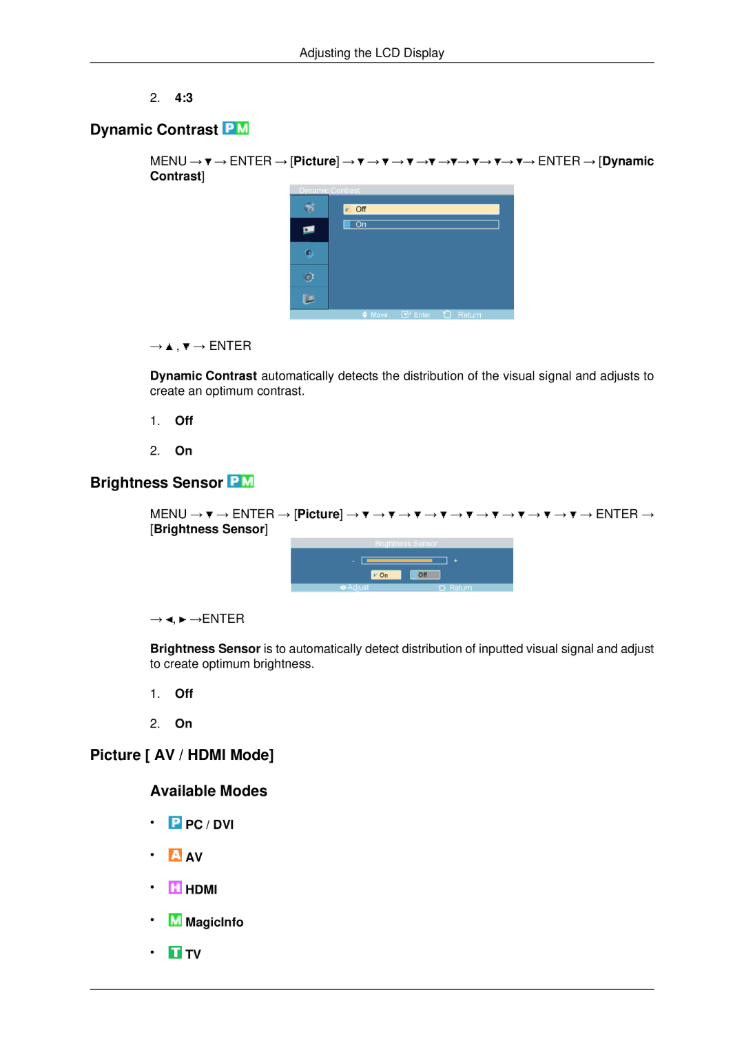 Samsung LH70OUTQBC/EN manual Dynamic Contrast, Brightness Sensor, Picture AV / Hdmi Mode Available Modes, Off 