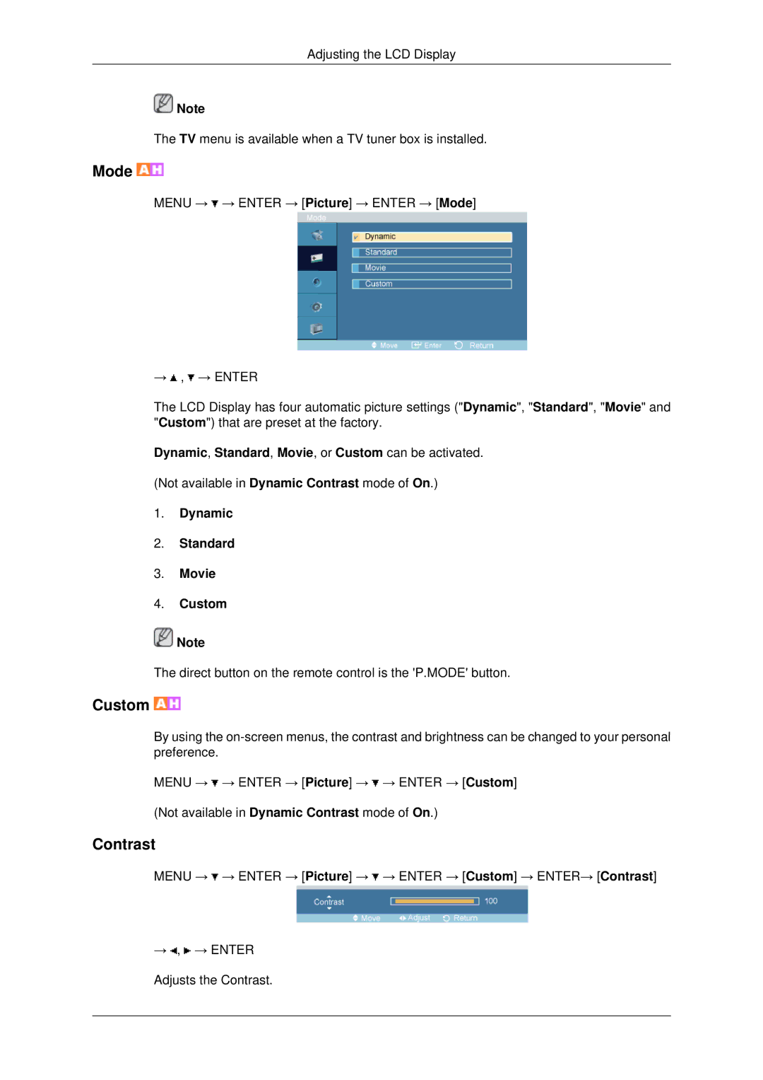 Samsung LH70OUTQBC/EN manual Mode, Custom 