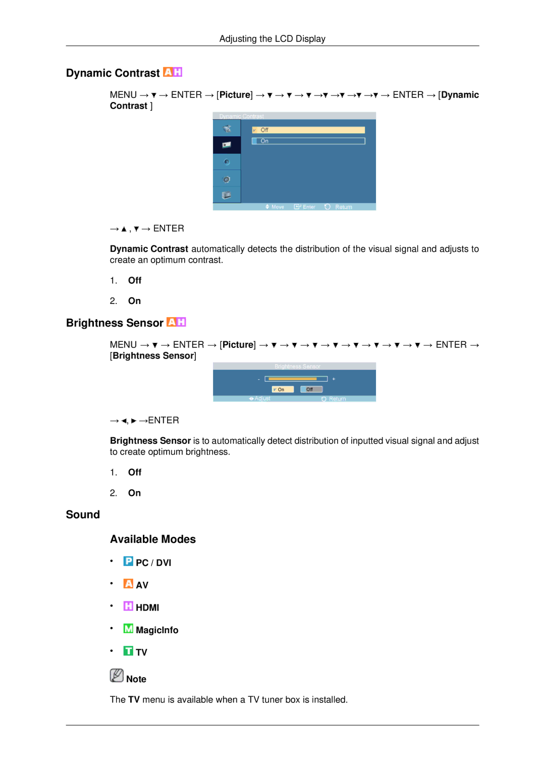 Samsung LH70OUTQBC/EN manual Dynamic Contrast, Sound Available Modes 